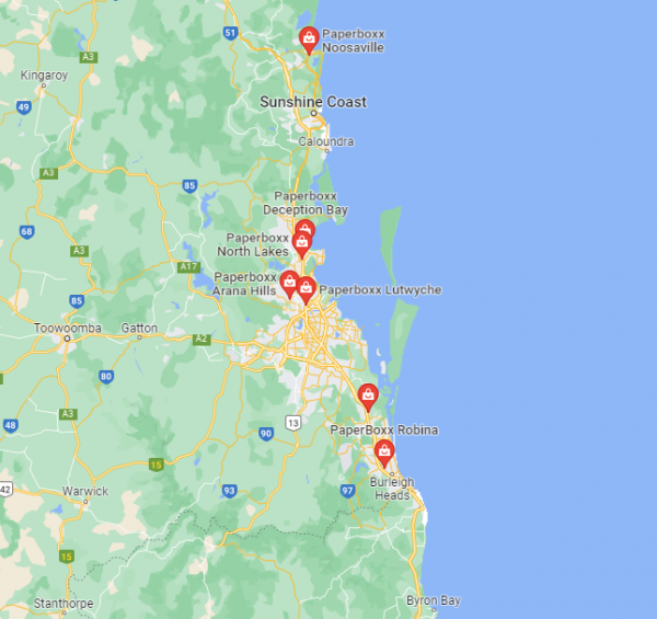 Map showing PaperBoxx store locations in South East Queensland