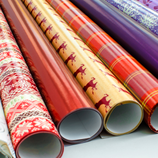 Colourful rolls of gift wrapping paper